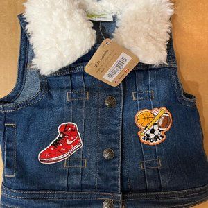 NWT Infants Unisex Blue Jean Removable Collar Vest, 12-18 mos, Sports Patches